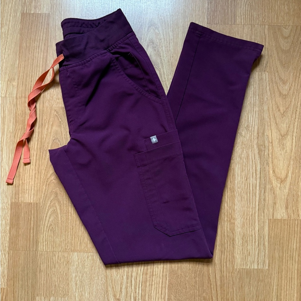Figs Yola Skinny Scrub Pants 2.0- Deep Purple with Orange Strings - Picture 4 of 5
